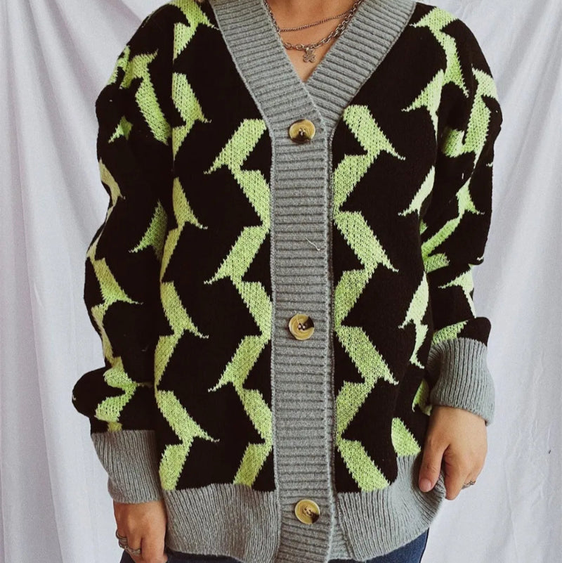 Contrast Trim Geometric V-Neck Long Sleeve Cardigan - runwayfashionista.com