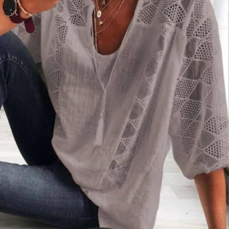 Romantic Sophistication: The U-Neck Hollow Out Lace Patchwork Top - white