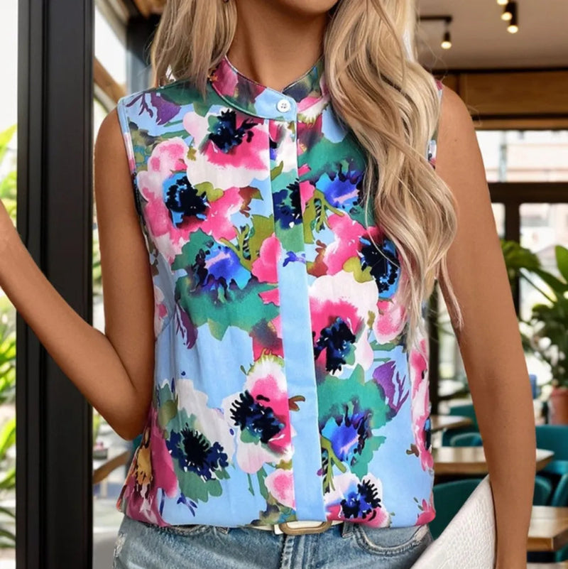 Printed Round Neck Sleeveless Blouse - runwayfashionista.com