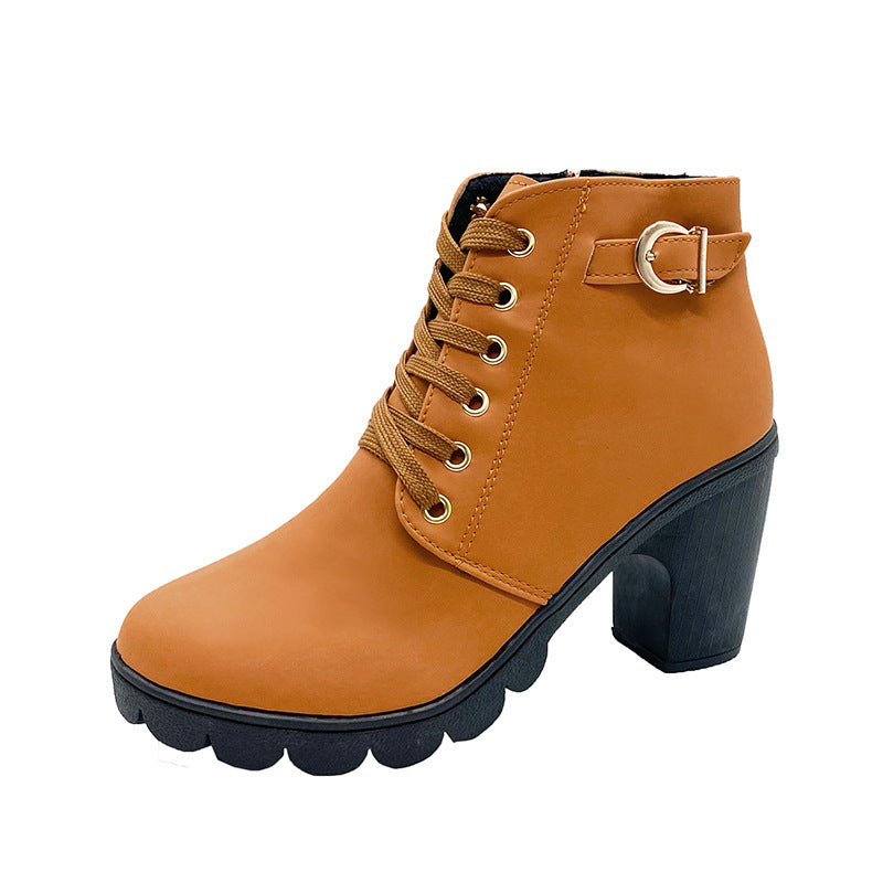 Thick Heels Round Toe Martin Boots - khaki
