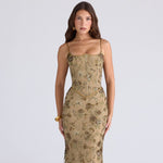 Elegant Low Neck Sleeveless Backless Tie-Up Maxi Dress - Bronze