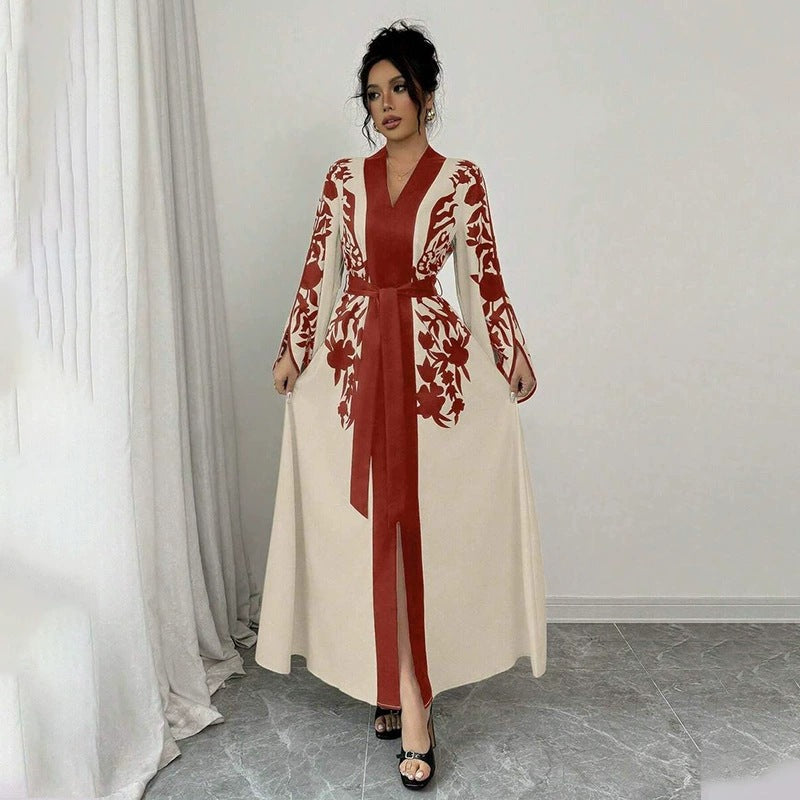 V-neck Long Sleeve Printed Flared Midi Dress red