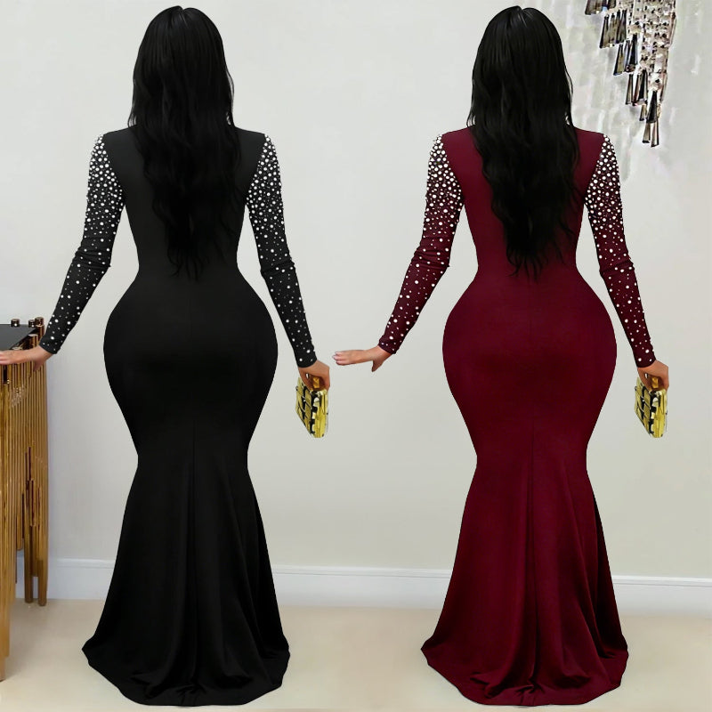 Elegant High Neck Rhinestone Beaded Bodycon Maxi Dress