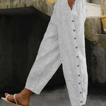 Stripe Buttoned Elastic Waist Nine-Part Pants - grey