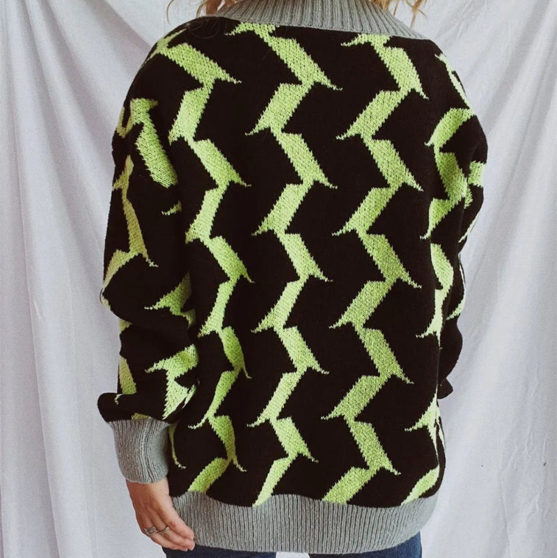 Contrast Trim Geometric V-Neck Long Sleeve Cardigan - runwayfashionista.com