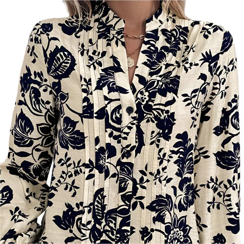 Printed notched long sleeve shirt -runwayfashionista.com