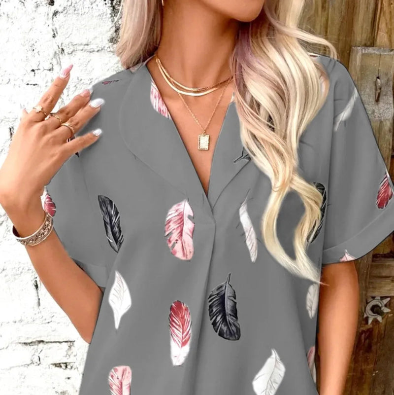 Printed Collared Neck Short Sleeve Blouse - runwayfashionista.com