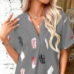 Printed Collared Neck Short Sleeve Blouse - runwayfashionista.com