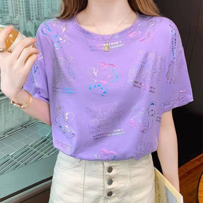 Cute Cartoon Loose Fit Milk Silk T-Shirt - purple