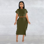Round Neck Short Sleeve Long Dress Two-Piece Set - Dark Green