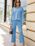 2 piece long sleeved knitted sweater top wide leg pants - runwayfashionista.com