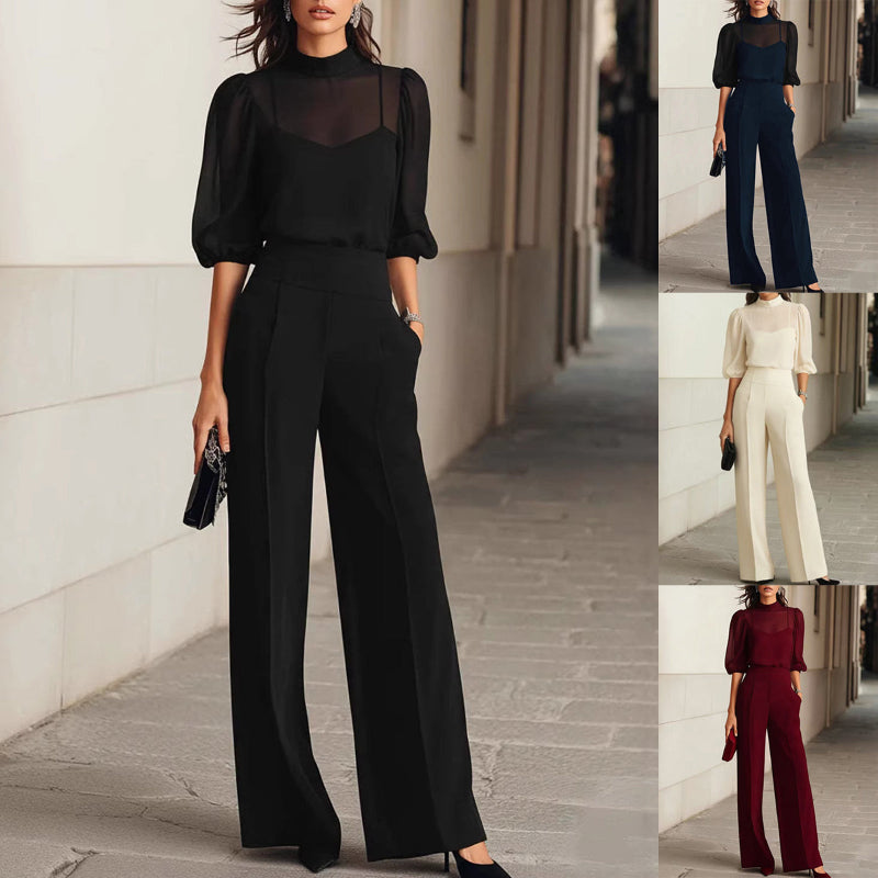 Camisole Vest Mesh Shirt And Dress Pants - black