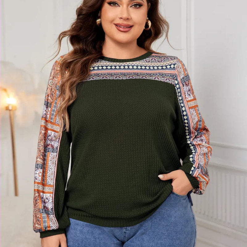 Honey Plus Size Printed Long Sleeve Sweatshirt in Black, Navy, Army Green with geometric print and round neck. Loose fit pullover