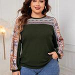 Honey Plus Size Printed Long Sleeve Sweatshirt in Black, Navy, Army Green with geometric print and round neck. Loose fit pullover