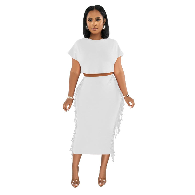 Round Neck Short Sleeve Long Dress Two-Piece Set - White