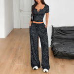 Short Sleeve Wide Leg Long Pants Set