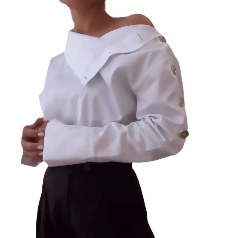 Chic Commute: The High Neck Metal Button Off-Shoulder Top
