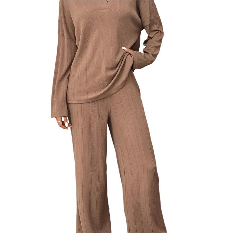 Quarter button long sleeve top and pants set-runwayfashionista.com