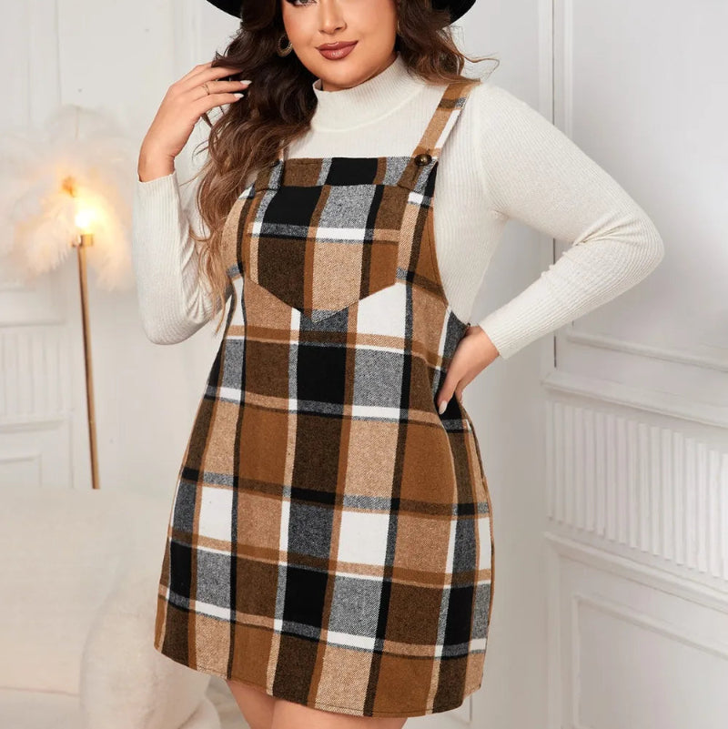 Edgy Plus Size Plaid Overall Mini Dress