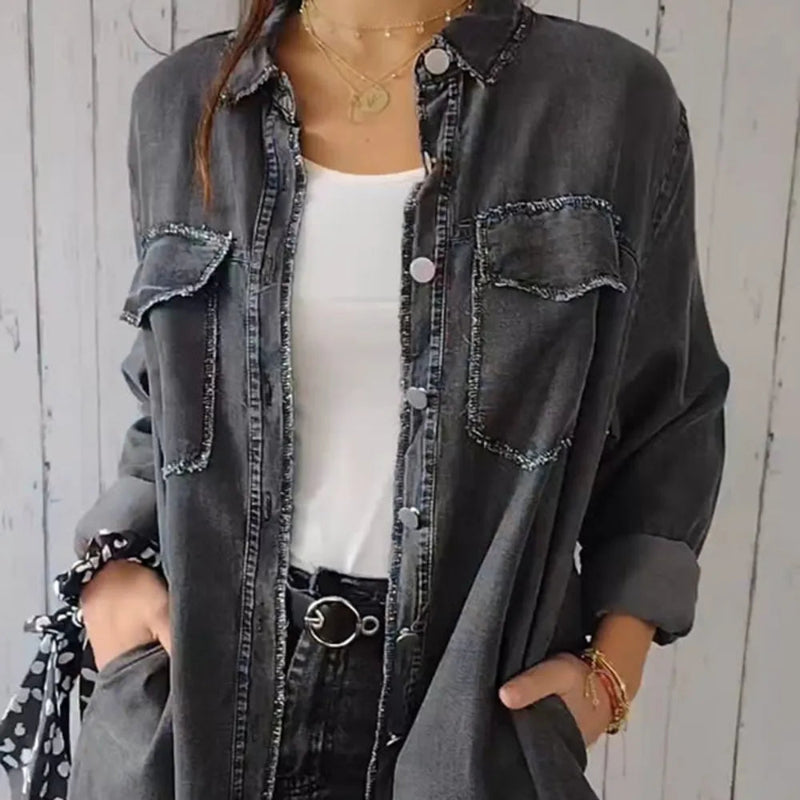 Pocketed Button Up Long Sleeve Denim Jacket - runwayfashionista.com
