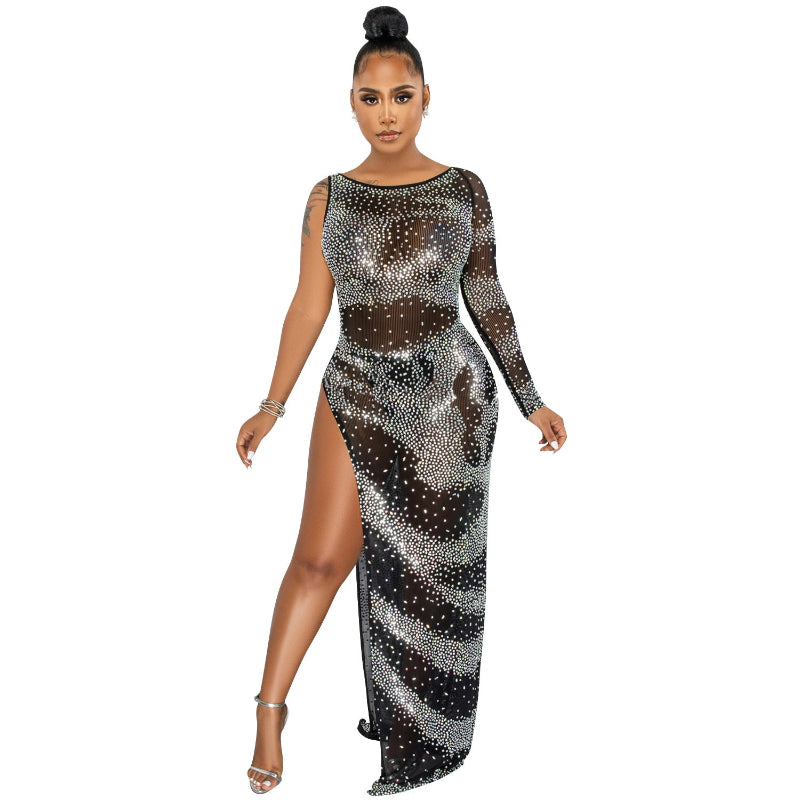 Rhinestone Single Long Sleeve Irregular Slit Maxi Dress - black
