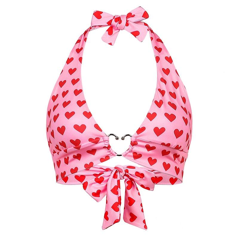 Heart Print Backless Halter Top - runwayfashionista.com