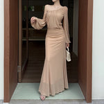 Slant Shoulder Mesh One Shoulder Midi Design Dress