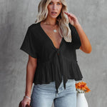 Tied Plunge Short Sleeve Blouse - runwayfashionista.com