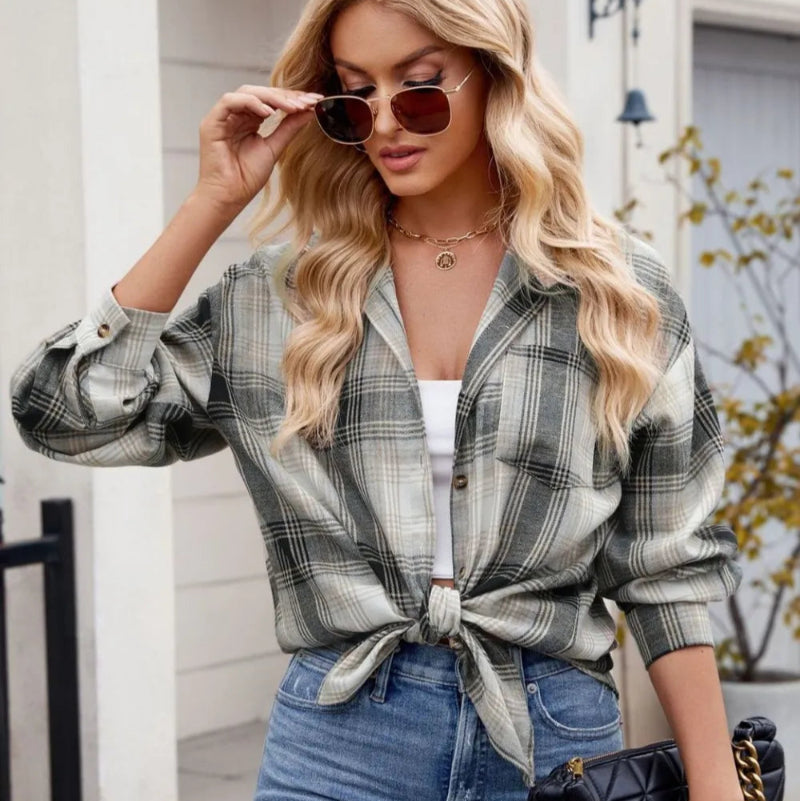 Plaid Collared Neck Long Sleeve Shirt - runwayfashionista.com