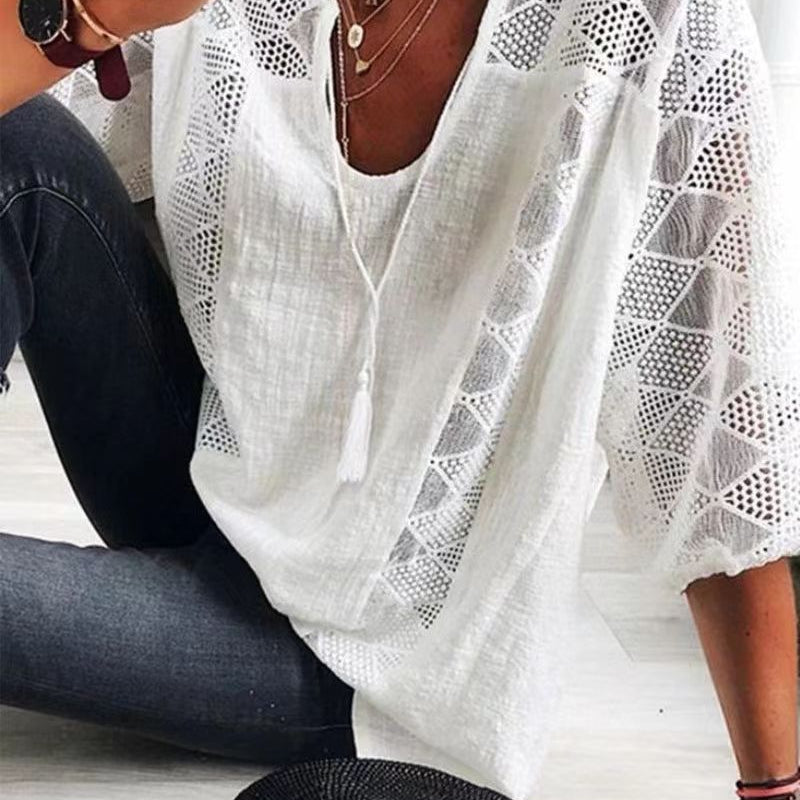 Romantic Sophistication: The U-Neck Hollow Out Lace Patchwork Top - white
