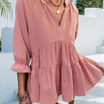 Ruffled Notched Three-Quarter Sleeve Blouse -runwayfashionista.com