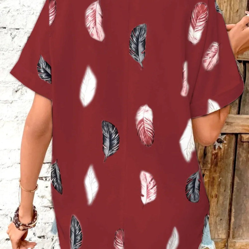 Printed Collared Neck Short Sleeve Blouse - runwayfashionista.com