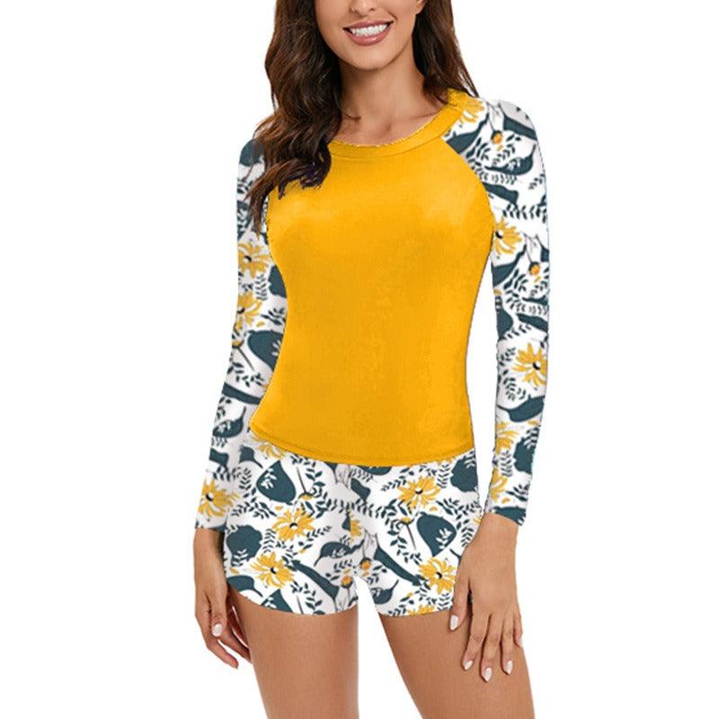 Long Sleeve Printed Panel Surfing Swimwear - runwayfashionista.com