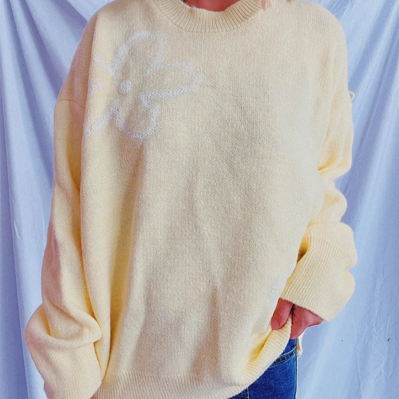 Flower Round Neck Long Sleeve Sweater - runwayfashioniista.com