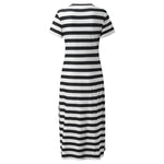 A collection of V-neck casual loose midi dresses with striped patterns and side slits, available in various colors.