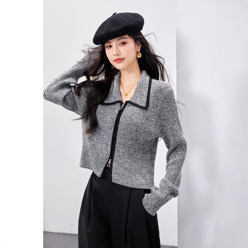 Black and Gray Contrast Double-Zipper Knit Cardigan