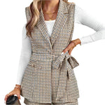 Tied plaid collared neck vest and shorts set - runwayfashionista.com