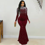 Elegant High Neck Rhinestone Beaded Bodycon Maxi Dress - Wine Red
