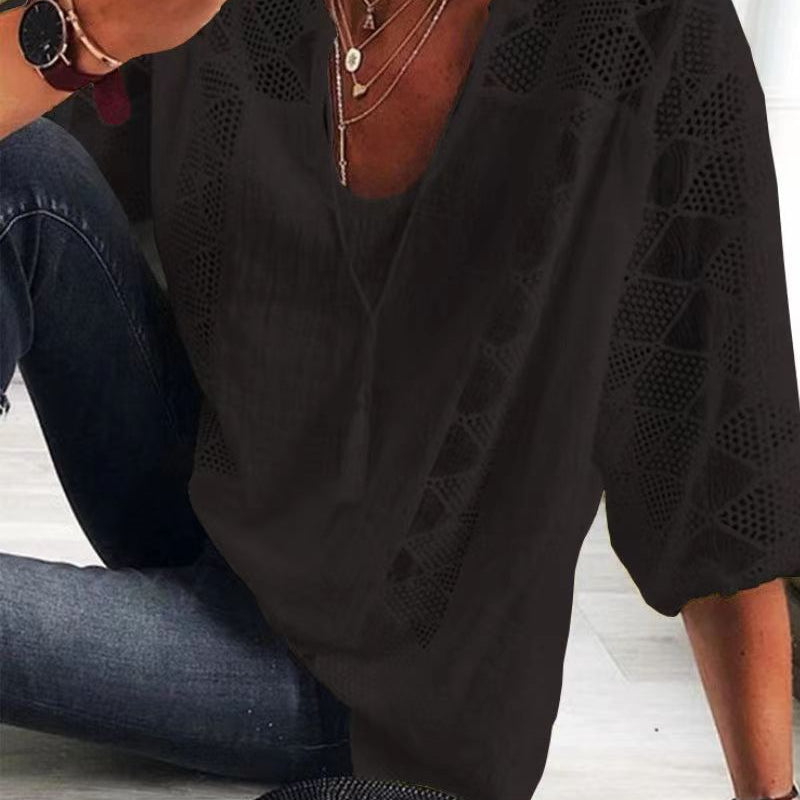 Romantic Sophistication: The U-Neck Hollow Out Lace Patchwork Top - black