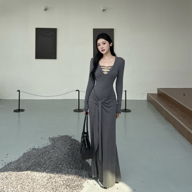 The Edgy Knit: V-Neck Hollow Midi Dress