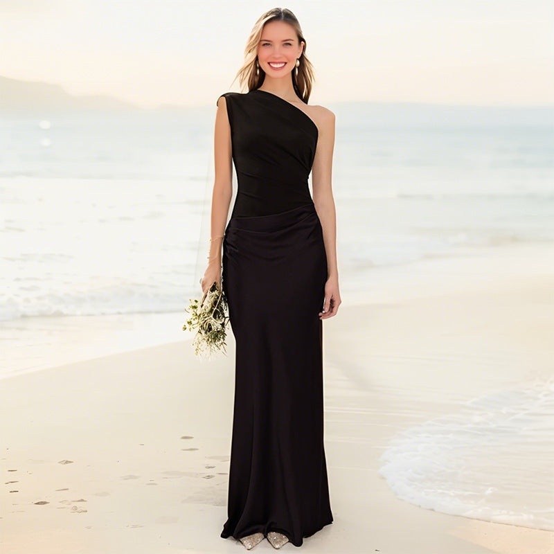 Slanted Shoulder Pleated Patchwork Satin Maxi Skirts