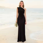 Slanted Shoulder Pleated Patchwork Satin Maxi Skirts