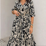 Smocked Printed Tie Neck Long Sleeve Dress -runwayfashionista.com