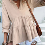 Ruffled Notched Three-Quarter Sleeve Blouse -runwayfashionista.com