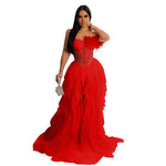 Sleeveless Bustier Mesh Long Gown - red