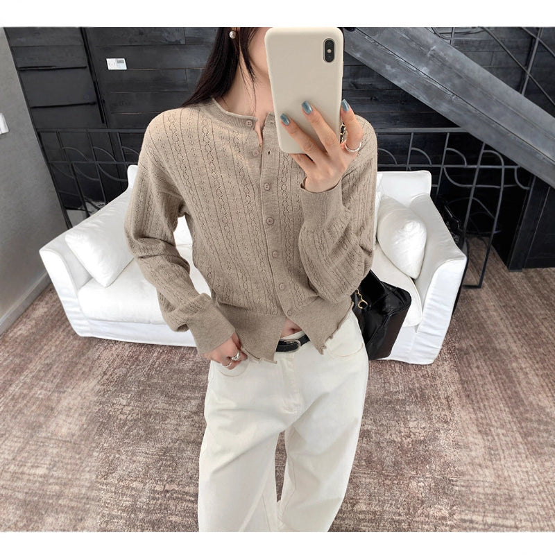 Preppy Style Hollow Out Pattern Round Neck Knit Cardigan: The Seasonal Soft Layer - oatmeal