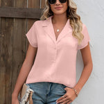 Button Up Collared Neck Short Sleeve Shirt -runwayfashionista.com