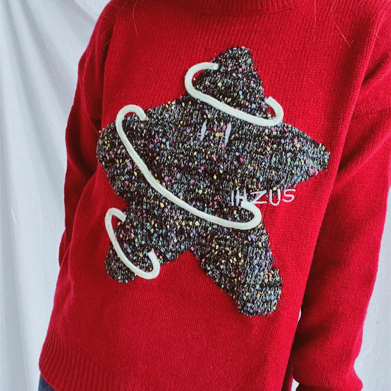 Contrast Star Round Neck Long Sleeve Sweater - runwayfashionista.com