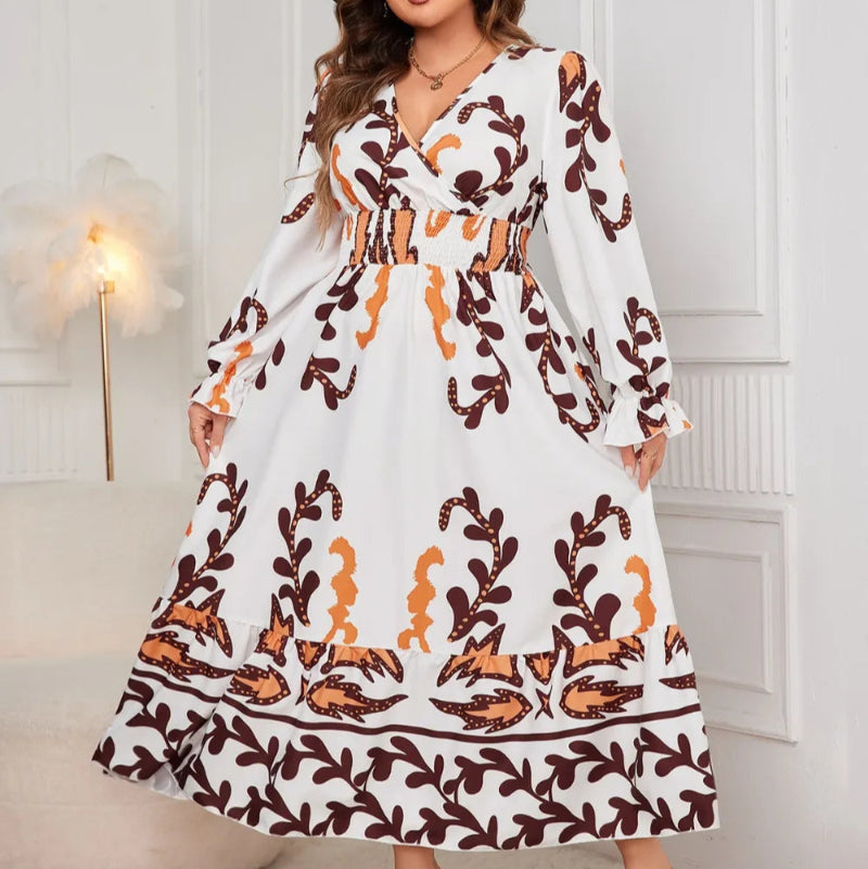 Plus Size Printed Surplice Flounce Sleeve Dress - runwayfashionista.com