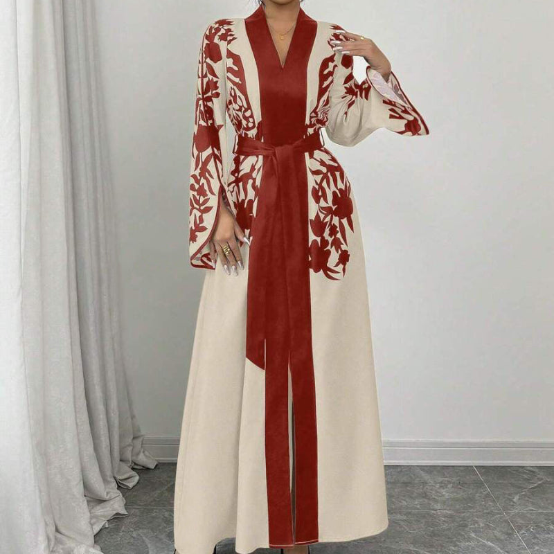 V-neck Long Sleeve Printed Flared Midi Dress - red